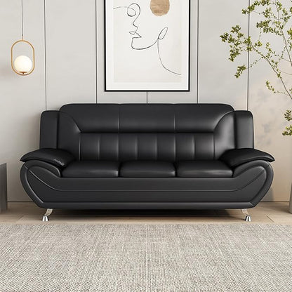 Container Furniture Direct Michael Modern Faux Leather Upholstered Stainless Steel Legs Living Room, Chair, Loveseat, Sofa, Soft Beige/Black