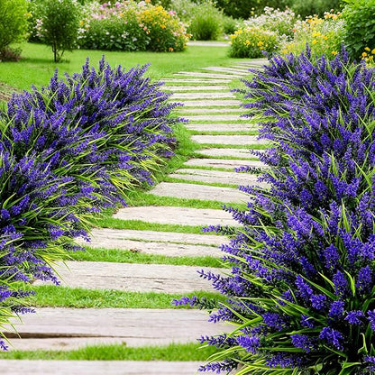 Geegoods 48 Bundles Artificial Plants Flowers Outdoor – Faux Lavender Flowers with Monkey Grass UV Resistant Plastic Faux Plants for Garden Porch Window Patio Hanging Planter Home Decor