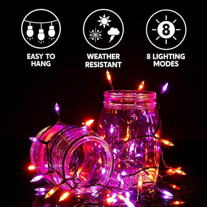 Joiedomi 16.3FT Orange&Purple Halloween Lights,2×50 Count Battery Operated Christmas String Tree Fairy LED Lights with 8 Modes,Multifunction Green Wire with Timer for Xmas Decor Party Holiday