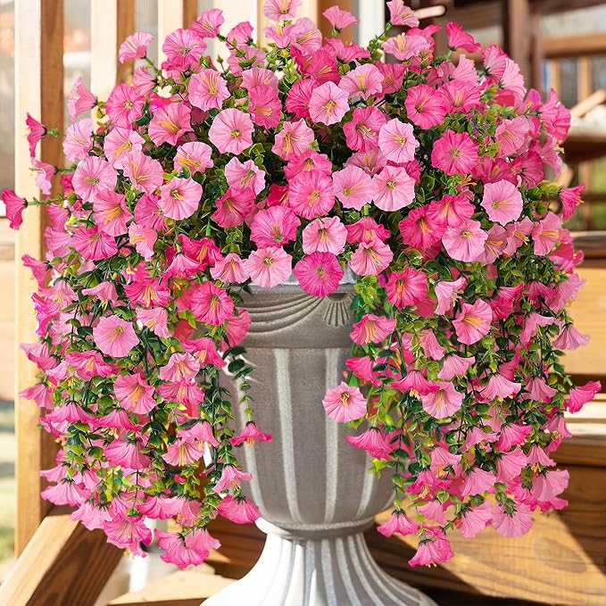 Ivydale 2 PCS Artificial Hanging Flowers Fake Plants Outdoor,Silk Morning Glory Faux Flowers with Eucalyptus Leaves,UV Resistant Realistic Hanging Plants for Home Garden Decor (Pink+Light Pink)