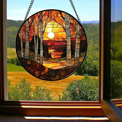 Stained Glass Window Hanging, Orange Red Landscape Forest Lake Moon Suncatcher for Doors Window Home Sun Catchers Decor Mother's Day Birthday Gifts for Women Men Mom 7.8 in