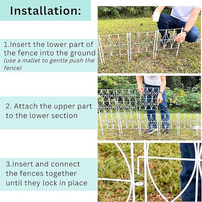 ShopLaLa Decorative Garden Fence (10 Panels) 12.5in(L) x 31in(H) Animal Barrier Fencing Rustproof White Metal Wire Flower Edging for Landscape, Tall Large No Dig Fences Back Yard Pet Porch Gate D-F30D