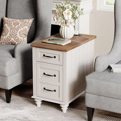 WAMPAT End Table with Charging Station, White Side Table with Storage Cabinet and Drawer, Wood Nightstand with Power Outlets & USB Ports for Bedroom, Living Room