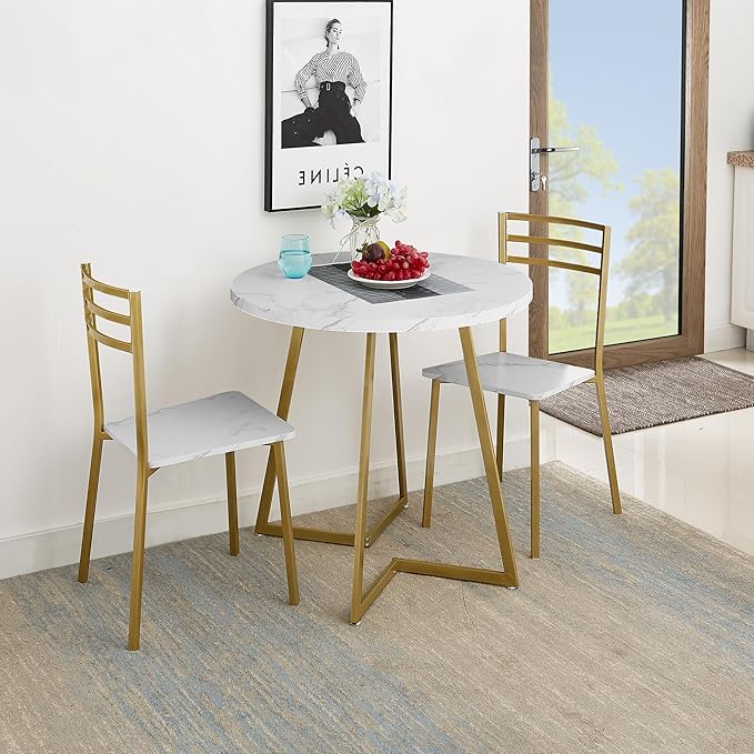 VECELO Round Dining Room Table with Wood Grain Tabletop and Steel Frame, for Kitchen, Living Room, Office, Conference, 2 to 4 Person, White & Gold
