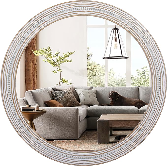 32 Inches Farmhouse Round Wood Mirrors for Wall Decor, Rustic Decorative Circle Mirror for Bathroom, Living Room, Foyer, Entryway