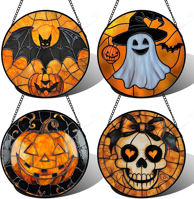 Stained Glass Window Hanging 4 Pcs Set Ghost Pumpkin bat Gothic Decor 7.8" - Horror Halloween Suncatcher Door Garden Sun Catcher Birthday White Elephant Gifts for Mom Woman Men Friend