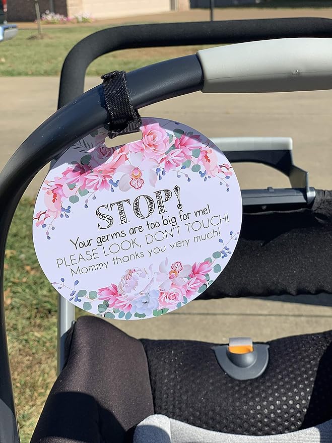 (Three Little Tots) No Touching baby Car Seat and Stroller TWO PACK- Baby Safety No Touching Car Seat Sign, Stroller Sign, Newborn Car Seat Tag- CPSIA Safety Tested (Flower/Woodlands)