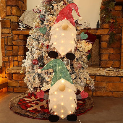 WATERGLIDE Set of 2 Lighted Christmas Tinsel Gnomes Decorations, 24 Inch Pre-Lit Light Up 2D Stacked Gnome with Incandescent Lights, Indoor Outdoor Festive Xmas Holiday Garden Yard Lawn Decor