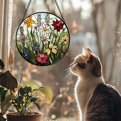 Stained Glass Window Hanging, Colorful Wildflowers Plant Scenery Suncatcher for Doors Window Home White Green Sun Catchers Decor Mother's Day Birthday Gifts for Women, Men Mom 9.8 in