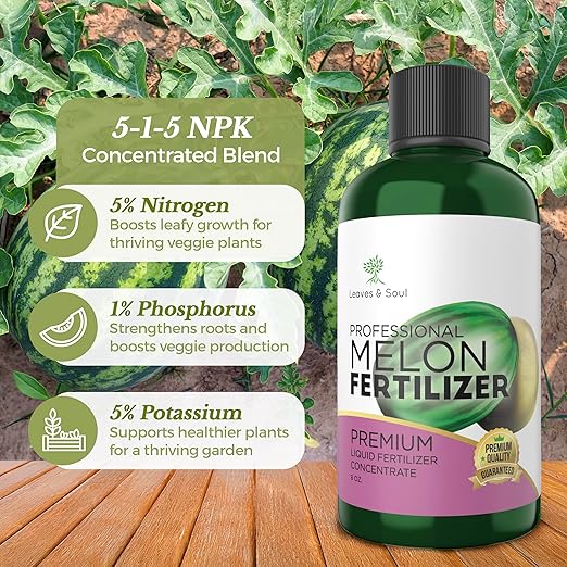 LEAVES AND SOUL Professional Liquid Melon Fertilizer | 5-1-5 Concentrate, Liquid Plant Fertilizer for Garden, Healthy Produce, Good Harvest, Multi-Purpose Blend & Gardening Supplies | 8 oz