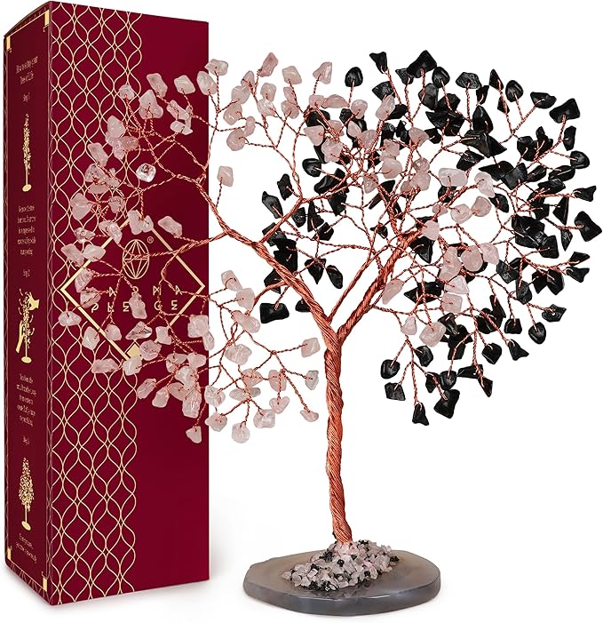 Crystal Tree for Home and Office Decoration, Black Obsidian & Rose Quartz Healing Stones Handmade Tree of Life for Positive Energy, Money, Good Luck, Christmas Decor, Birthday Gifts for Women, Mom