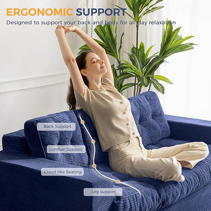 MAXYOYO 3 Seater Couch for Living Room, Boneless Couch with Tufted Cushion & Backrest, Upholstered Floor Sofa with Armrests, Sofa in A Box, No Assembly Required, Navy