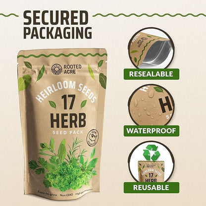 17 Herb Culinary Seed Vault – 5200+ Heirloom Seeds for Indoor/Outdoor or Hydroponic Gardens – High Germination | Cilantro, Mint, Chives, Basil, Parsley & More