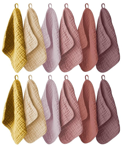 Ease Cubs 12 Pack Muslin Washcloths for Baby - 100% Cotton Baby Wash Cloths for or Baby Face Body Comfy and Soft for Newborn Infants Kids Girls and Boys - 12"x12" - Brown, Honey and Bean Paste Series