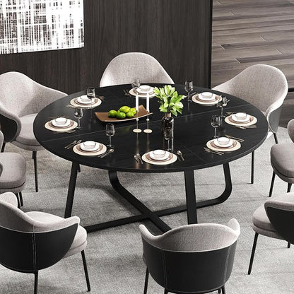 LVB Black Round Dining Table for 6 to 8, 60” Modern Wood Metal Kitchen Table, Industrial Large Dinner Room Table, Circle Dining Table for Home Gathering Living Room