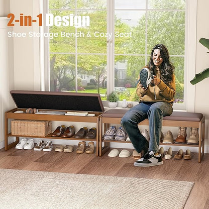 Shoe Storage Bench with Cushion - 2-Tier Shoe Rack Entryway Bench with Flip-Top Storage, Walnut Wooden Shoes Benches Organizer for Entryway, Hallway, Living Room, Bedroom, Closet(Walnut, 39.4" W)