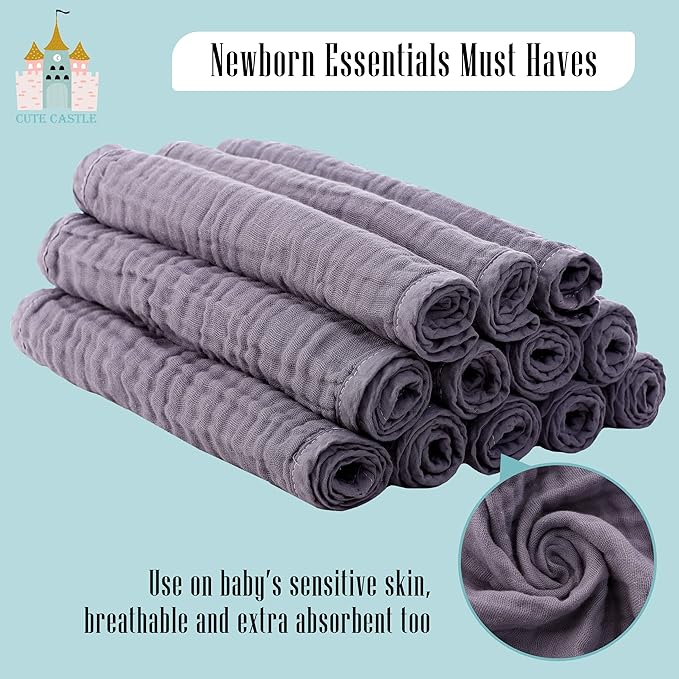 Cute Castle 12 Pack Muslin Burp Cloths for Baby - Ultra-Soft 100% Cotton Baby Washcloths - Large 20'' by 10'' Super Absorbent Milk Spit Up Rags - Burpy Cloths for Unisex, Boy, Girl - Grey