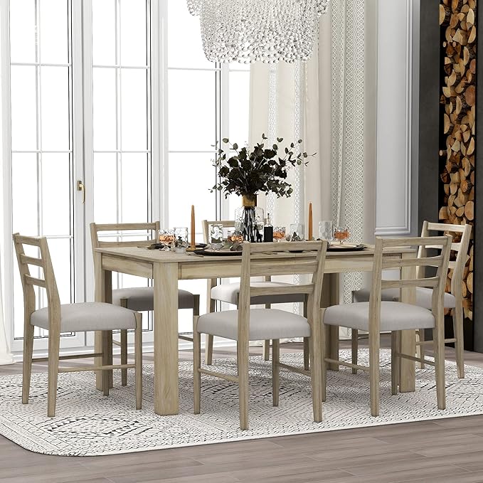 7 Pieces Dining Table Set with 6 Upholstered Chairs,Living Room Desk W/ 2 Drawers and 71.5" Rectangle Extendable Leaf,for Restaurant,Home Bistro,Natural Wood Wash