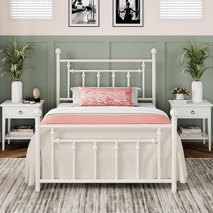 Allewie 14 Inch Twin Size Metal Platform Bed Frame with Victorian Vintage Headboard and Footboard/Mattress Foundation/Under Bed Storage/No Box Spring Needed/Easy Assembly/Noise Free/White