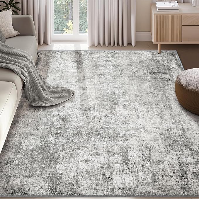 Washable Area Rugs 8'x10' Non-Slip Modern Abstract Soft for Living Room Entryway Bedroom Nursery, Print Pattern, Gray White Grey