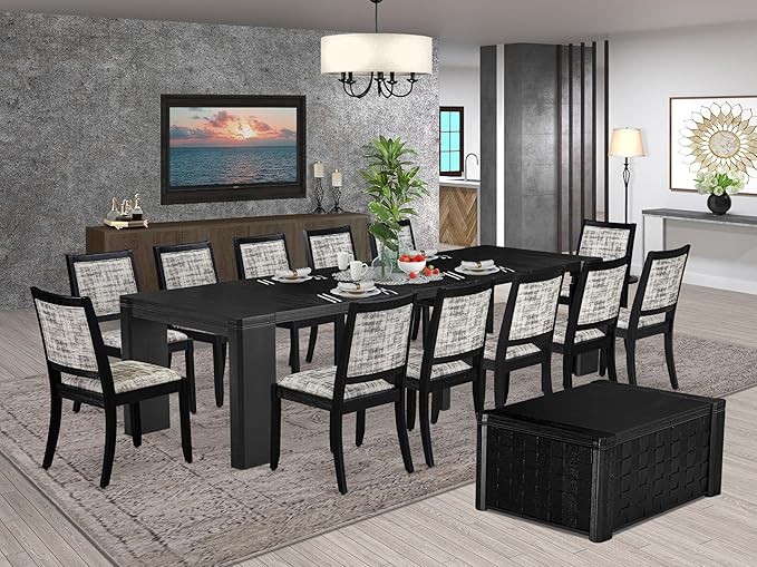 X12X2-0C6-30 14-pc Dining Table Set a Rectangular Kitchen Table with a coffee Table and 12 Wire Brushed Black Polyester Stackable Chair, 39x120 Inch, Wire Brushed Black