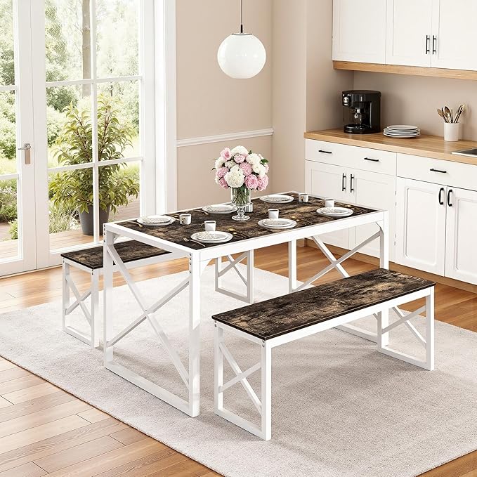 VECELO Kitchen Dining Table Benches Set for 4, 55" Wooden Dinette with 2 Benches, Heavy-Duty Dining Room Table for Small Space, Breakfast Nook, Dark Brown