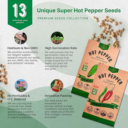 Organo Republic 13 Unique Super Hot Pepper Seeds Variety Pack - 1,020+ Non-GMO Heirloom Pepper Seeds for Outdoor and Indoor Home Gardening, Including Pepper Caloro, Firecracker, Habanero, Fresno Chili