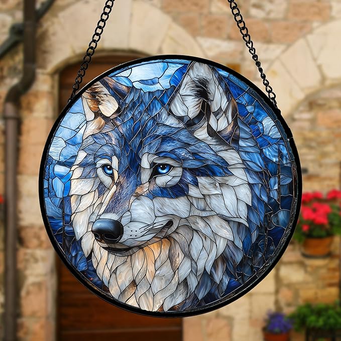 Stained Glass Window Hanging - Funny Wolf Suncatcher Ready to Hang Window Doors Home Decoration and Christmas, Mother's Day Birthday Gifts for Women, Men, and Mom 9.8x9.8 in