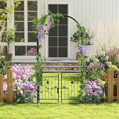 Moccha Garden Arch with Gate and Planter Boxes - 87" Metal Arbor Trellis for Climbing Plants Rose Vine, Heavy-Duty Archway Pergola, Garden Arbor for Wedding Ceremony Decoration Lawn Patio Bridal Party