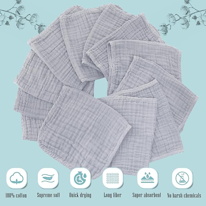 Cute Castle 12 Pack Muslin Burp Cloths for Baby - Ultra-Soft 100% Cotton Baby Washcloths - Large 20'' by 10'' Super Absorbent Milk Spit Up Rags - Burpy Cloths for Unisex, Boy, Girl - Slate