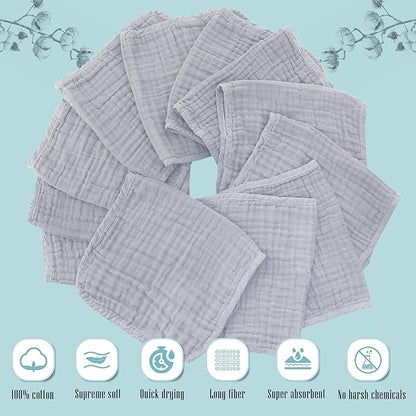 Cute Castle 12 Pack Muslin Burp Cloths for Baby - Ultra-Soft 100% Cotton Baby Washcloths - Large 20'' by 10'' Super Absorbent Milk Spit Up Rags - Burpy Cloths for Unisex, Boy, Girl - Slate