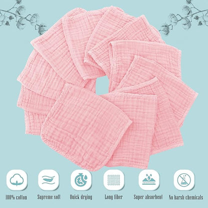 Cute Castle 24 Pack Muslin Burp Cloths for Baby - Ultra-Soft 100% Cotton Baby Washcloths - Large 20'' by 10'' Super Absorbent Milk Spit Up Rags - Burpy Cloths for Unisex, Boy, Girl - Pink