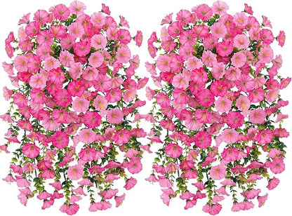 Ivydale 2 PCS Artificial Hanging Flowers Fake Plants Outdoor,Silk Morning Glory Faux Flowers with Eucalyptus Leaves,UV Resistant Realistic Hanging Plants for Home Garden Decor (Pink+Light Pink)