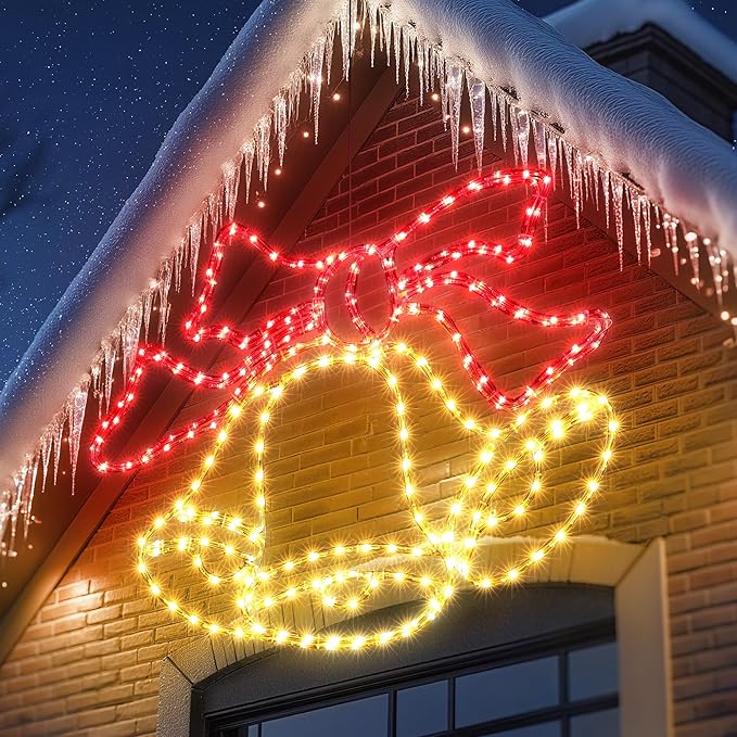 Joomer 33‘’ Christmas Lights Outdoor Bell Neon Super-Bright Large LED Christmas Light Decoration with Timer Waterproof for Outdoor Home Party Wall Hanging Holiday(Warm White & Red)