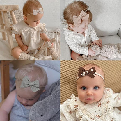 Fancy Clouds Baby Girl Bows and Headbands,14 pcs Stretchy Soft Nylon Hairbands Hair Bows for Newborns, Infants, Toddlers - Handmade Baby Hair Accessories for Girls Gifts