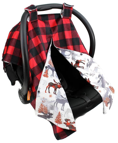 Dear Baby Gear Car Seat Canopy - Unisex Infant Car Seat Cover - Soft and Breathable Fabric - Fits Most Carseats - Winter Moose/Red Black Plaid - 40"x30"