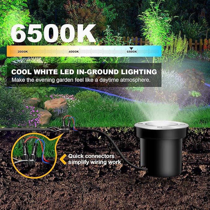 4Pack 3W Low Voltage Landscape Lights with Connectors 12-24V LED In-Ground Lights IP67 Waterproof Garden Lighting 6500K Outdoor Well Light for Yard Pathway Driveway Deck (Cool White)