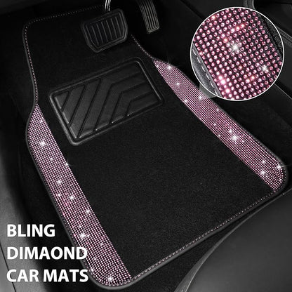 CAR PASS Bling Diamond Car Floor Mat Shining Rhinestones Carpet, Sparkly Glitter Crystal Anti-Slip PVC Heel Pad Automotive Universal Fit for SUV Sedan Car Van, 4pcs for Girl Cute Women, Black Pink