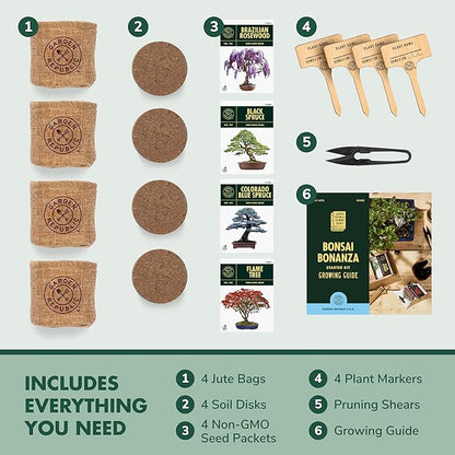 Garden Republic Bonsai Tree Kit - Mini Bonsai Seeds, 4 Types - Seed Starter Plant Growing Kit - Potting Soil Jute Bags Pruning Shears Scissor Tool Plant Markers - Gardening Gifts