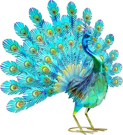 27.5" Tall Metal Peacock Garden Statue - Handmade, 3D Textured, Tail Spread Sculptures for Patio, Garden or Entryway.