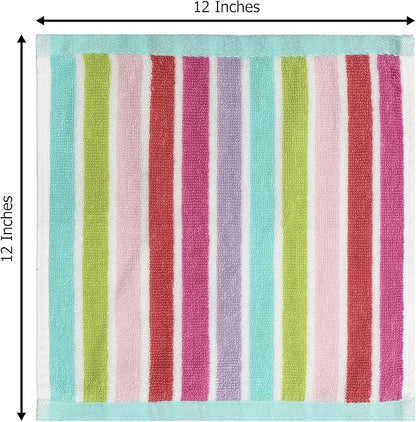 ORIGINAL KIDS Wash Cloth - Set of 12 Stripe Washcloths - 100% Cotton Yarn-Dyed Terry - 450 GSM Quick Dry Soft Absorbent Gentle Baby Face Towels for Bathroom Travel Daycare - 12 x 12 - Pink Multi