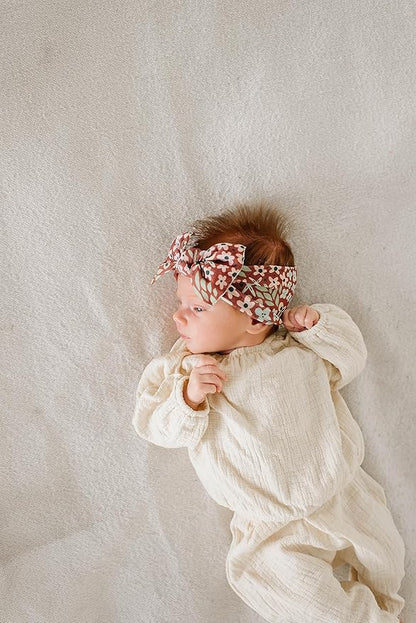 Baby Bling Bows - Newborn to Little Baby Girl Bows, 2PK PRINT SOLID KNOTS Nylon Super Soft Stretchy Toddler Headbands, Perfect Hair Accessories Head Bands for Infant Kids (Spice Floral & Rose Gold)