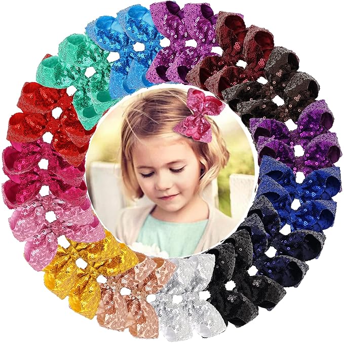 DED 30pcs Sparkly Hair Bows Clips 4 inch Glitter Sequin Bow Alligator Clips Baby Hair Accessories for Baby Girls Children Kids(15 Pair)