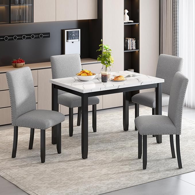 Ball & Cast 5 Piece Dining Table Set with 4 Cushion Chairs,Kitchen Table and Chairs for 4 W/ 45.3" Rectangle Desk,for Restaurant,Home Bistro,White/Light Gray+Black