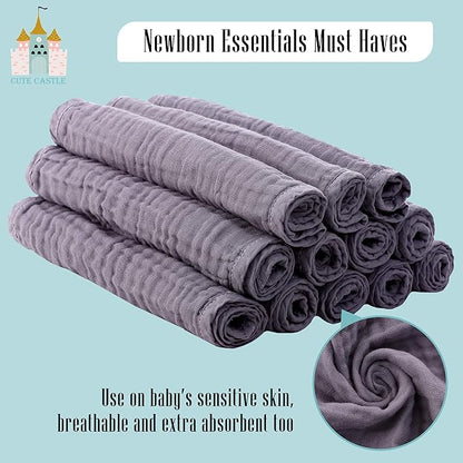 Cute Castle 24 Pack Muslin Burp Cloths for Baby - Ultra-Soft 100% Cotton Baby Washcloths - Large 20'' by 10'' Super Absorbent Milk Spit Up Rags - Burpy Cloths for Unisex, Boy, Girl - Grey
