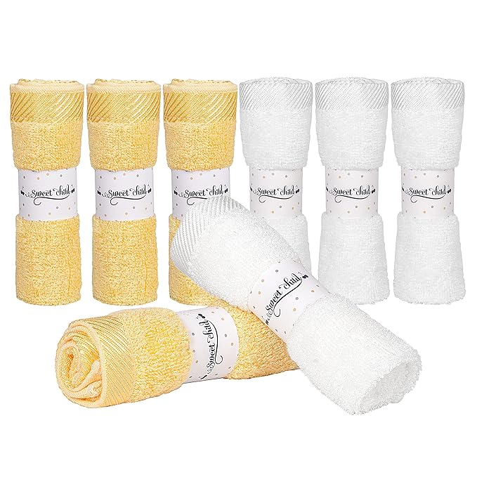 Sweet Child 8-Pack Baby Washcloths -Super Soft Rayon,Wash Cloths for Newborn,Infants and Kids, Bath Baby Towels, for Body and Face (Sunshine/White)