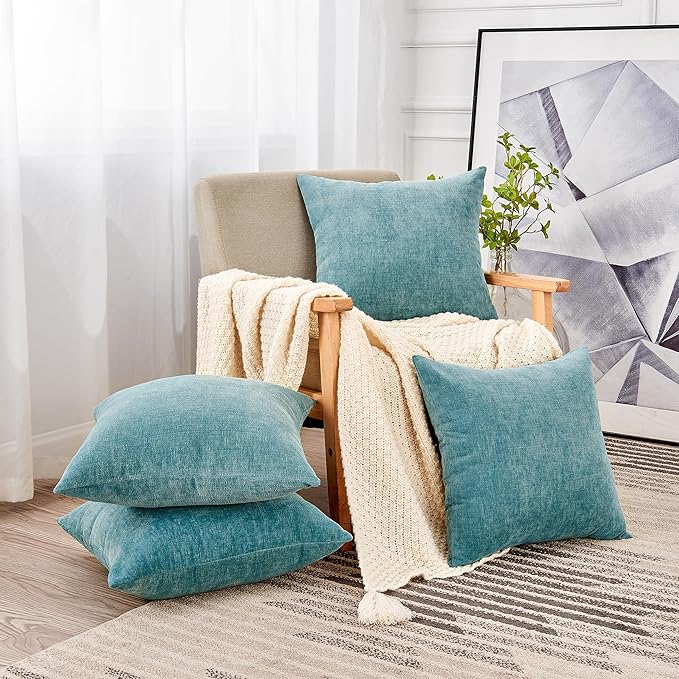 GAWAMAY Decorative Square Throw Pillow Covers 18"x18" Inch Set of 4, Super Soft Chenille Pillows Farmhouse Fall Pillowcase for Living Room Bedroom Sofa Couch Cushion Cover Smoke Blue 45x45cm