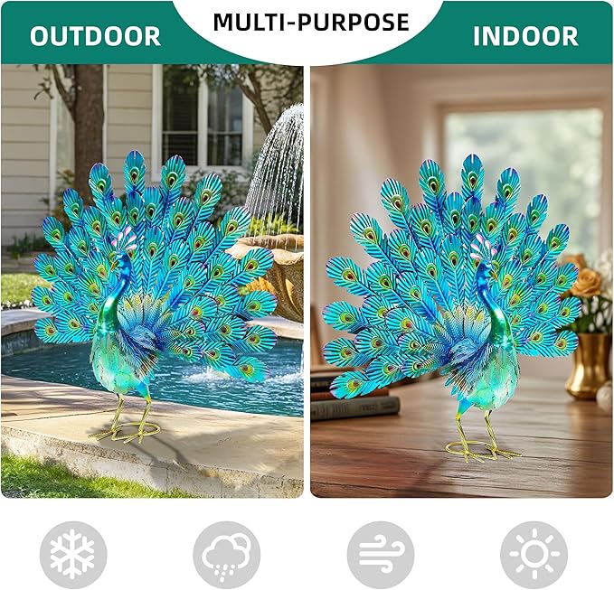 27.5" Tall Metal Peacock Garden Statue - Handmade, 3D Textured, Tail Spread Sculptures for Patio, Garden or Entryway.