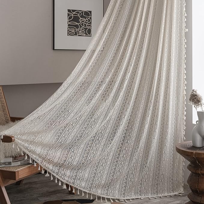 Sutuo Home Crochet Boho Curtain 84 Inches Length, Sheer Lace Handmade Tassels Knitted Window Treatment Vintage Rustic Bohemian Farmhouse Drape for Bedroom Rod Pocket 1 Panel 59" W x 84" L, Beige Wave