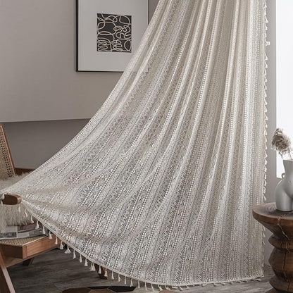 Sutuo Home Crochet Boho Curtain 84 Inches Length, Sheer Lace Handmade Tassels Knitted Window Treatment Vintage Rustic Bohemian Farmhouse Drape for Bedroom Rod Pocket 1 Panel 59" W x 84" L, Beige Wave